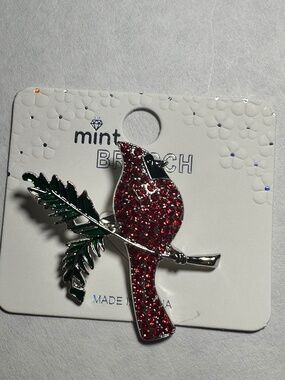 Cardinal Brooch Pin | Bird Sitting on Branch Jeweled Statement Jewelry